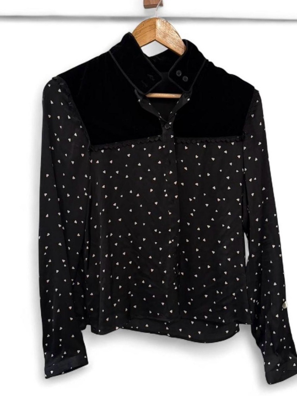 The Kooples Black Heart-Print Velvet Yoke Blouse